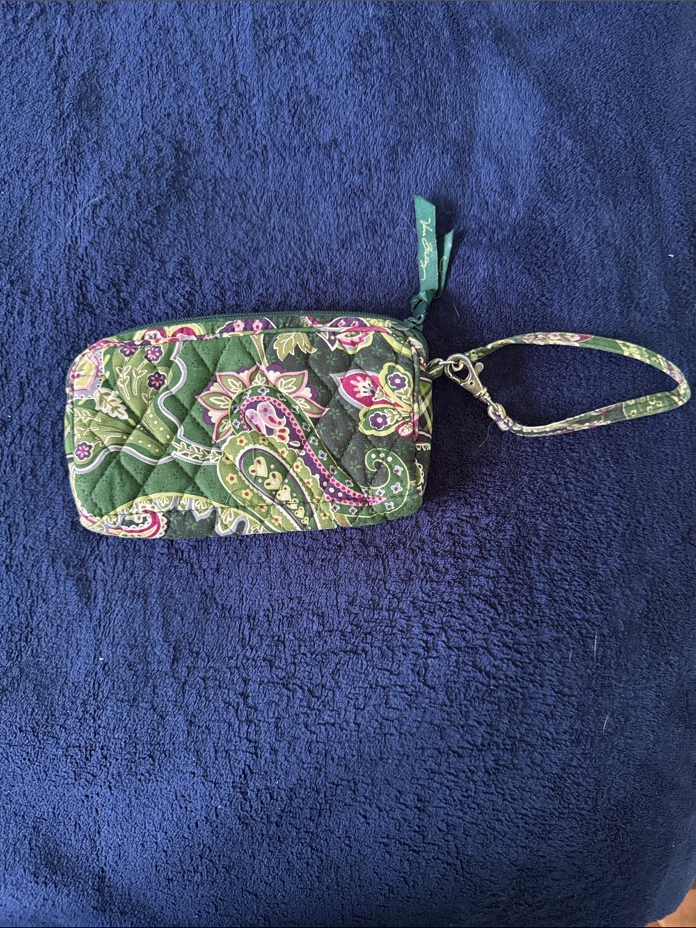 Vera Bradley Green Paisley Quilted Wristlet with Pink Accents